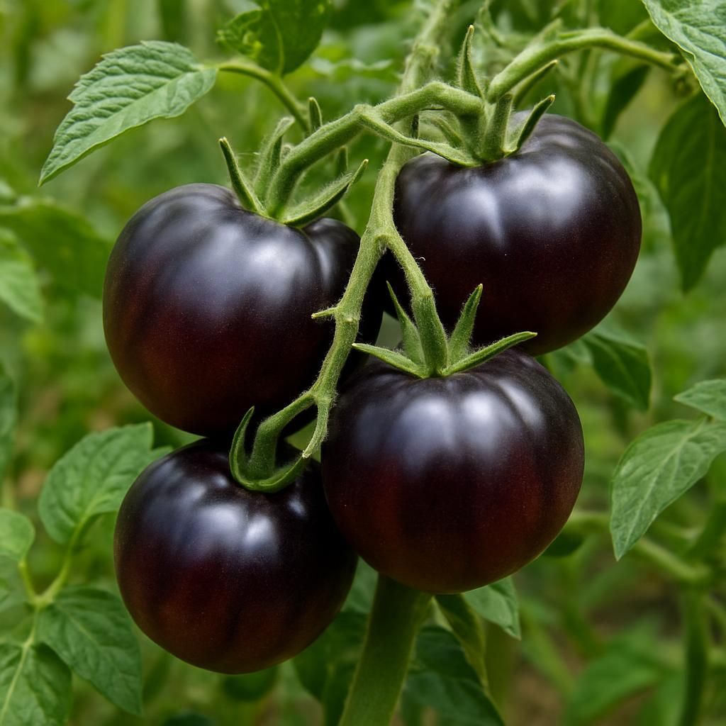 Ripe Black Sea Man heirloom tomatoes with deep purple-black skin growing on healthy indeterminate vines in organic garden