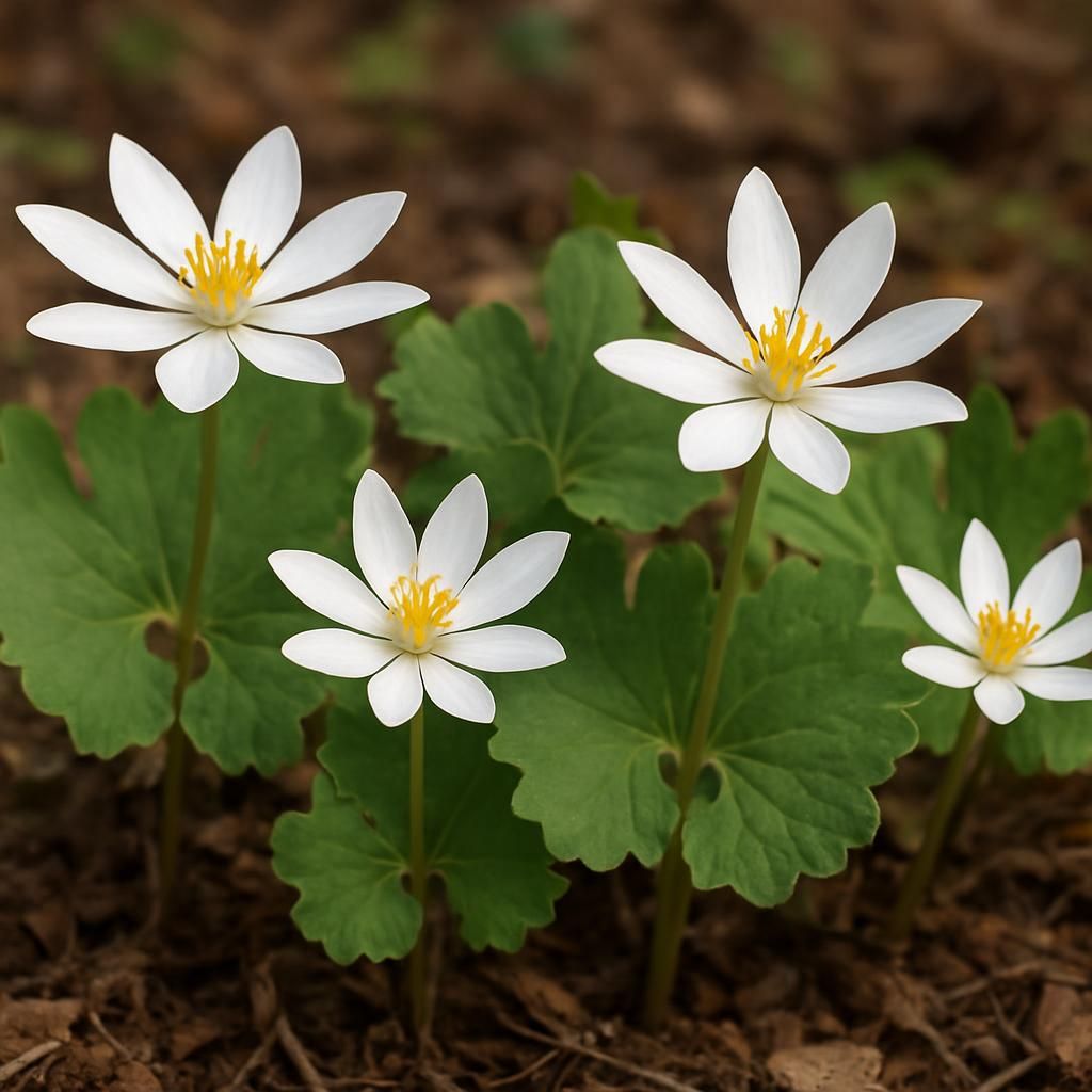 Close-up of blooming bloodroot plants with white flowers and red rhizomes in shaded woodland soil