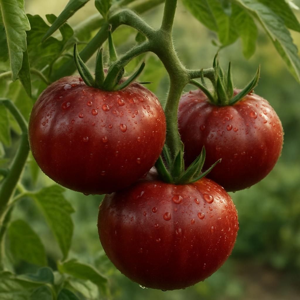 Ripe Bloody Butcher heirloom tomatoes clustered on healthy green vines in organic garden