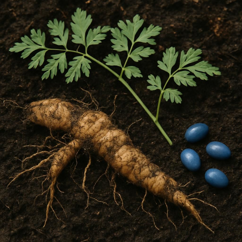 Close-up of Blue Cohosh Root rhizomes and blue seeds on forest floor