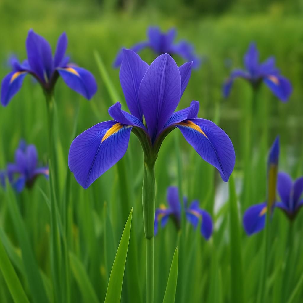 Close-up of blooming Blue Flag Iris flowers with blue-purple petals in a moist garden bed