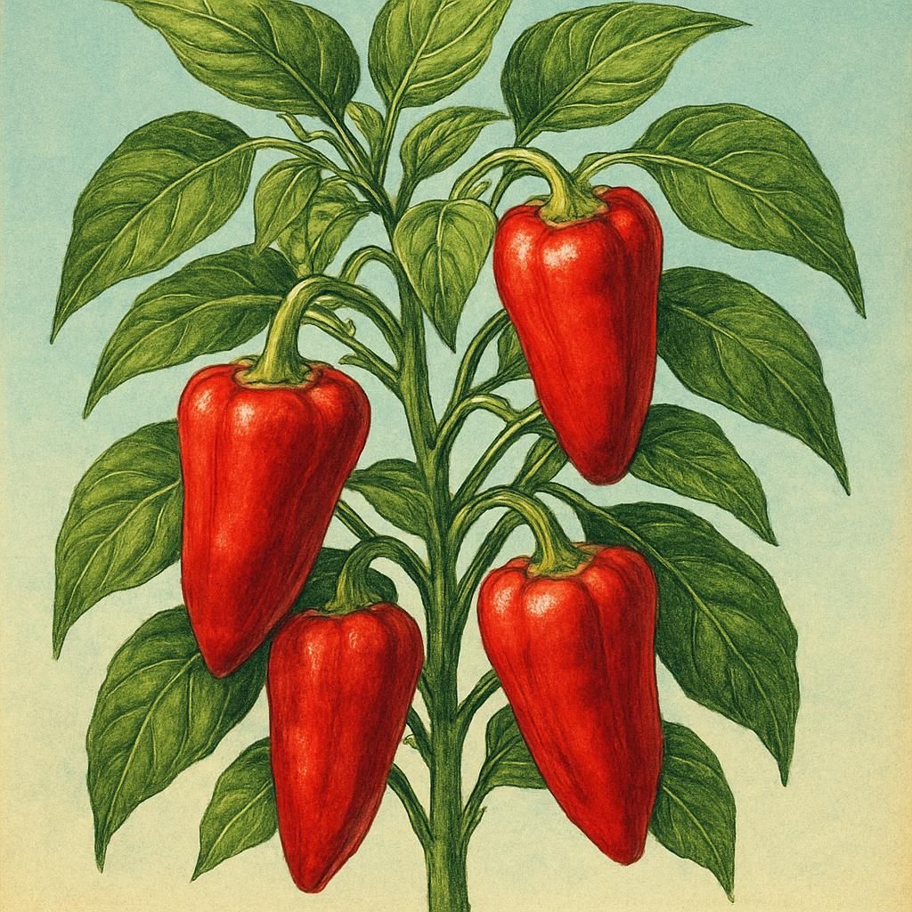 Close-up of ripe Boldog Paprika on plant with green foliage under a sunny sky.