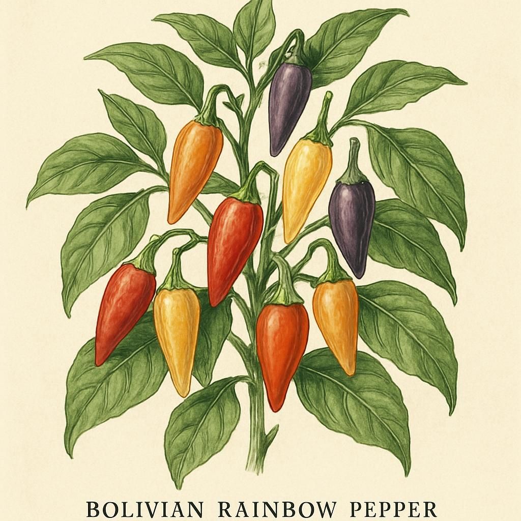 Close-up of vibrant Bolivian Rainbow Pepper plant with multicolored fruits.