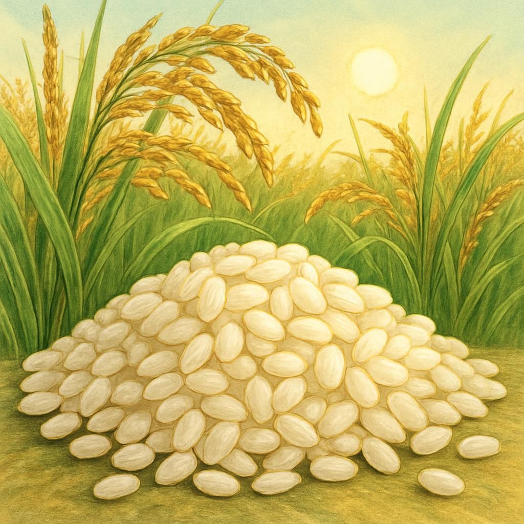 Close-up of vibrant Bomba rice grains in a sunlit Spanish field.