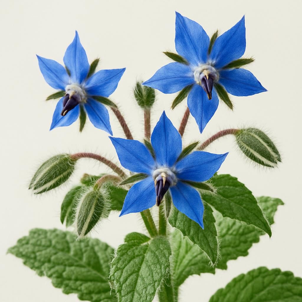 Close-up of blue borage flowers and hairy green leaves for professional crop guide
