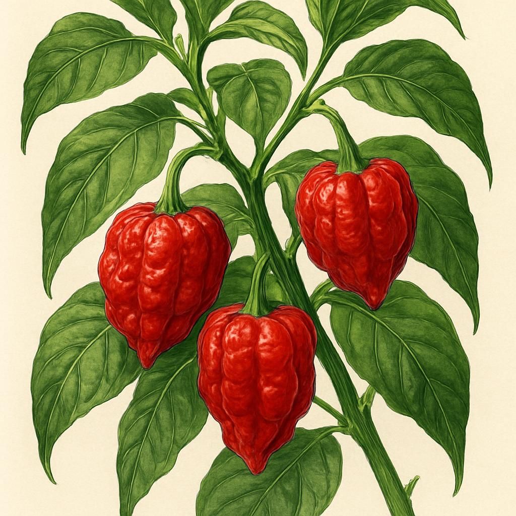 Close-up of a vibrant red Borg 9 Pepper with green foliage, showcasing its intense heat potential.