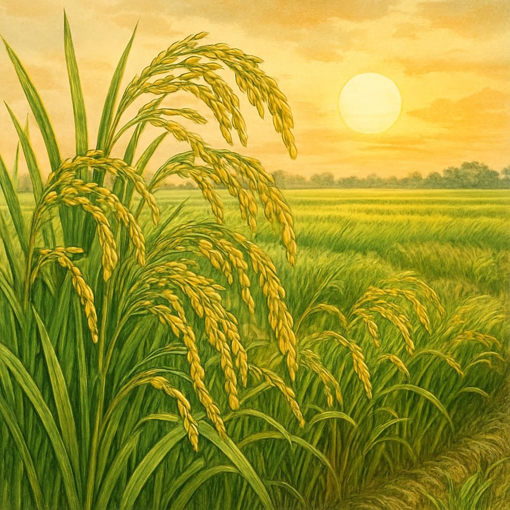 Boro Rice fields in golden hue at sunset, showcasing healthy stalks and ripened grains.