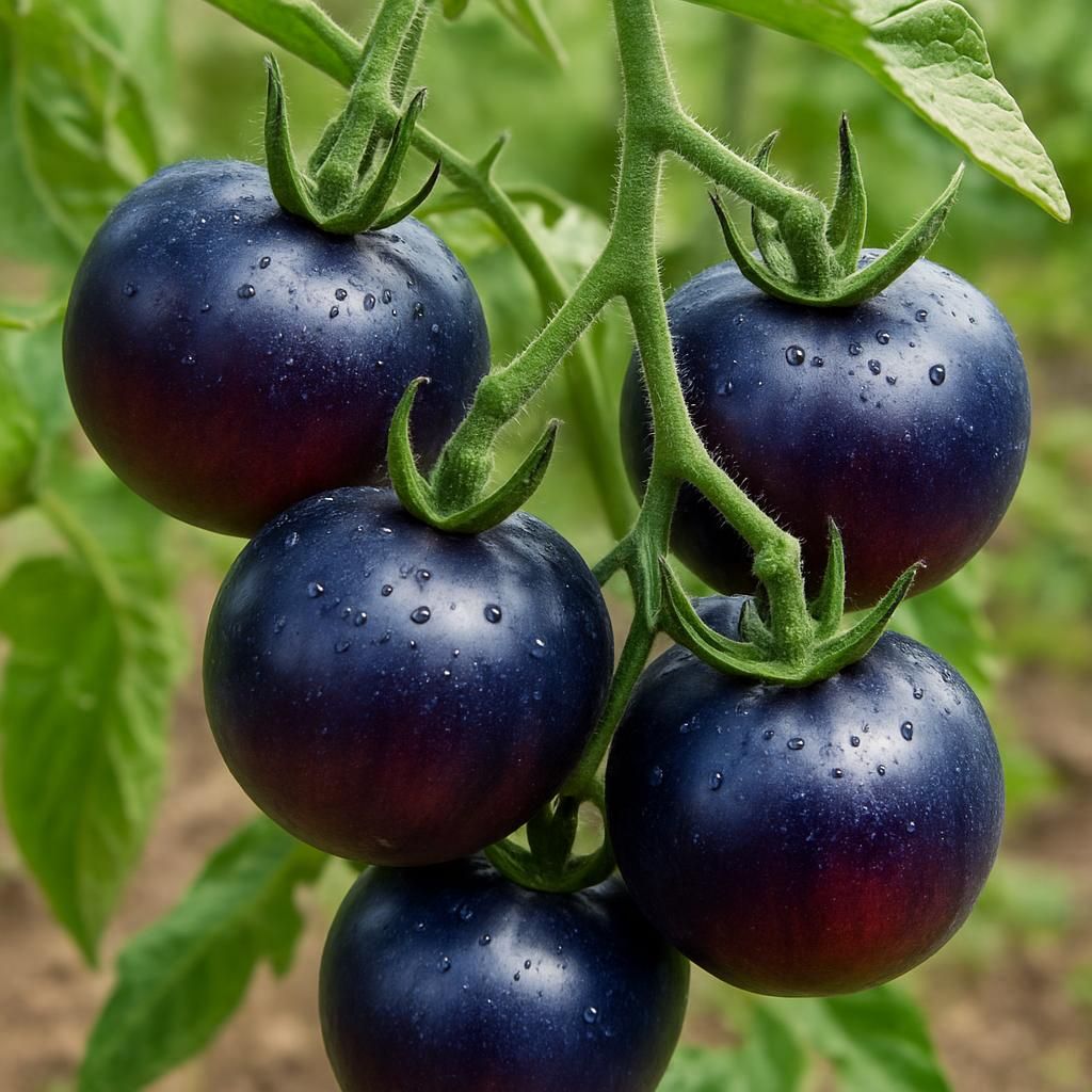 Close-up of deep indigo Bosque Blue Tomatoes ripening on vine with vibrant red interior highlights
