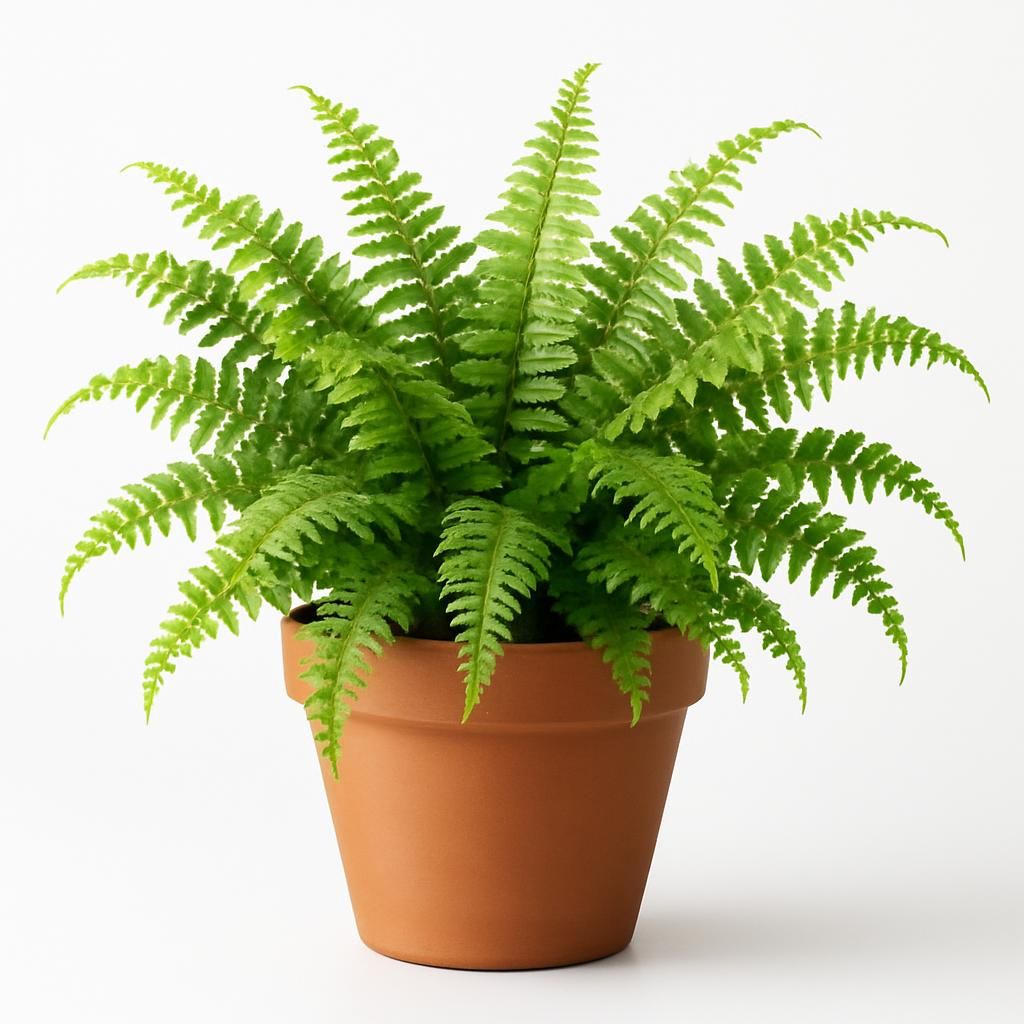Close-up of vibrant Boston fern fronds in terracotta pot showing lush green foliage and healthy growth habit