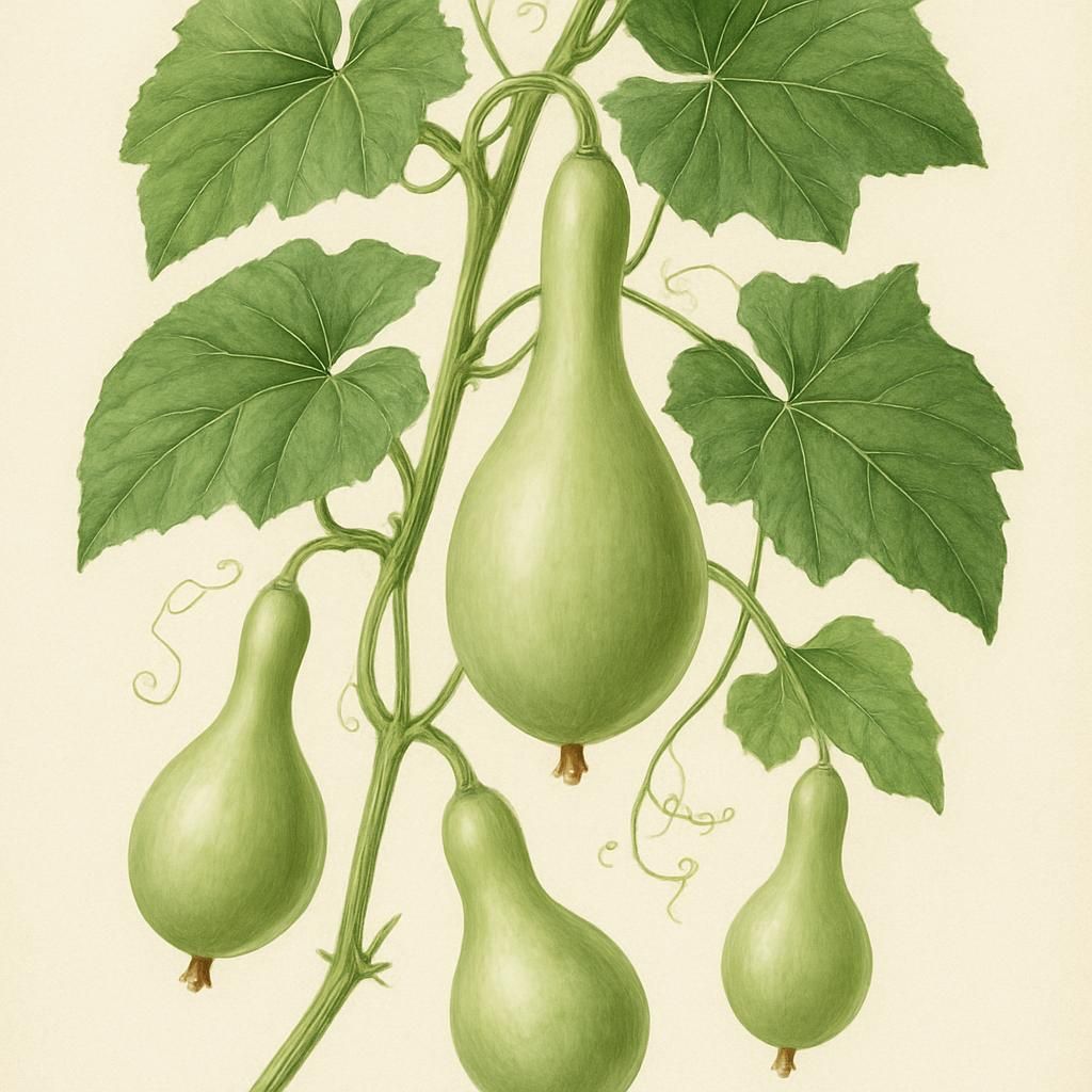 Close-up of Bottle Gourd (Lau) vine with smooth, light green fruits.