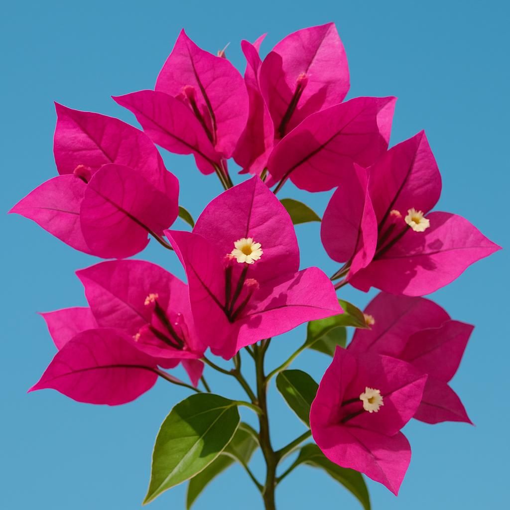 Vivid magenta Bougainvillea bracts in full sun showcasing the plant's signature papery flowers