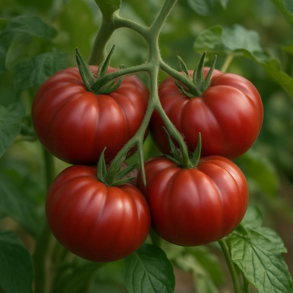 Ripe Box Car Willie beefsteak tomatoes growing on healthy indeterminate vines in a garden