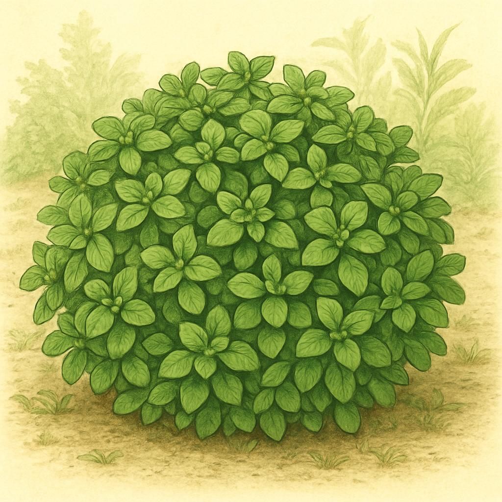 Vibrant green Boxwood Basil plant with dense, small foliage in a garden.