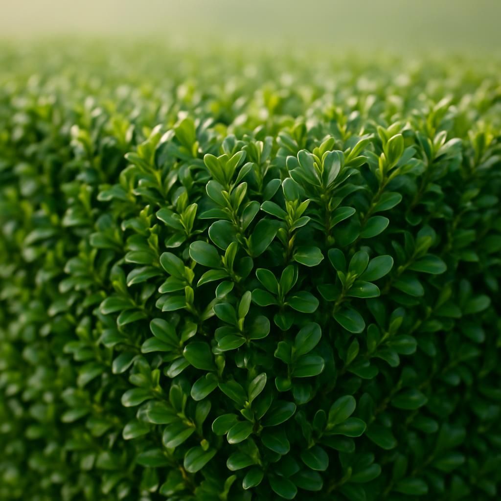Dense, glossy boxwood hedge showing fine leaf texture and crisp formal pruning lines under natural light