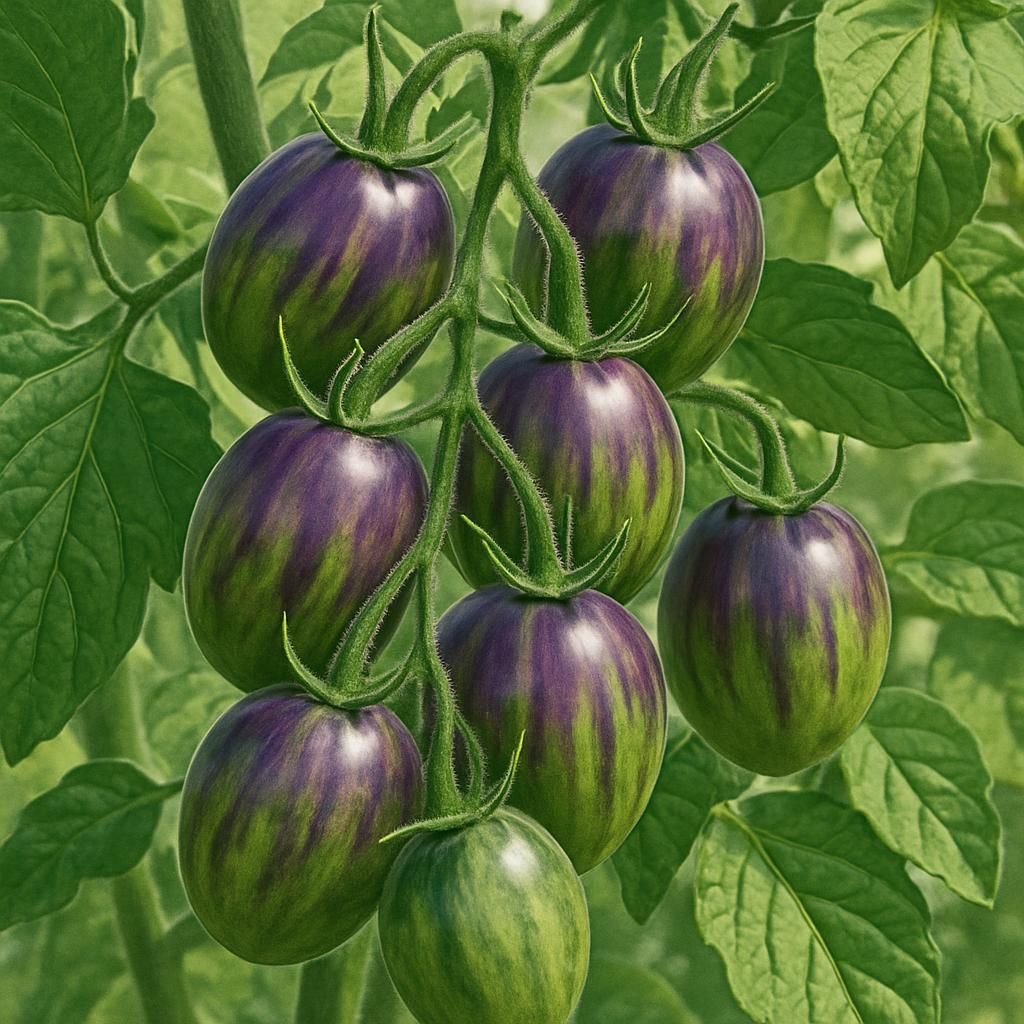 Close-up of Brad's Atomic Grape Tomato showing purple-striped fruits on healthy indeterminate vines