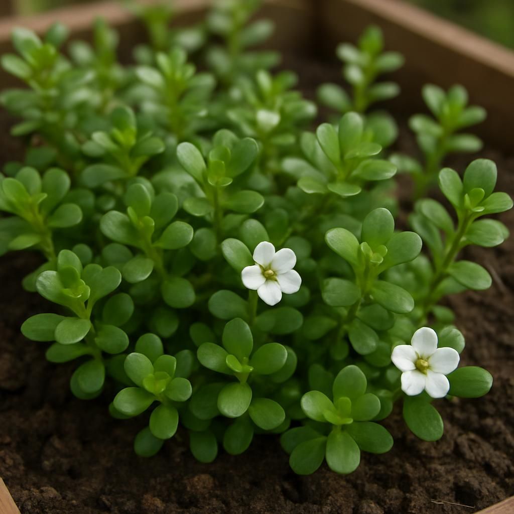 Close-up of lush Brahmi Root plants with succulent leaves and white flowers in fertile organic soil