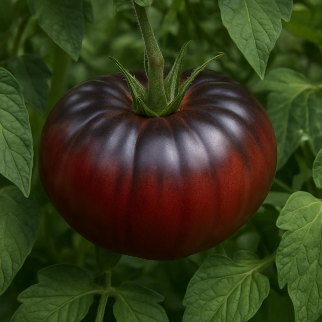 Ripe Brandywine Black Tomato showing dark mahogany-purple skin and potato-leaf foliage on the vine