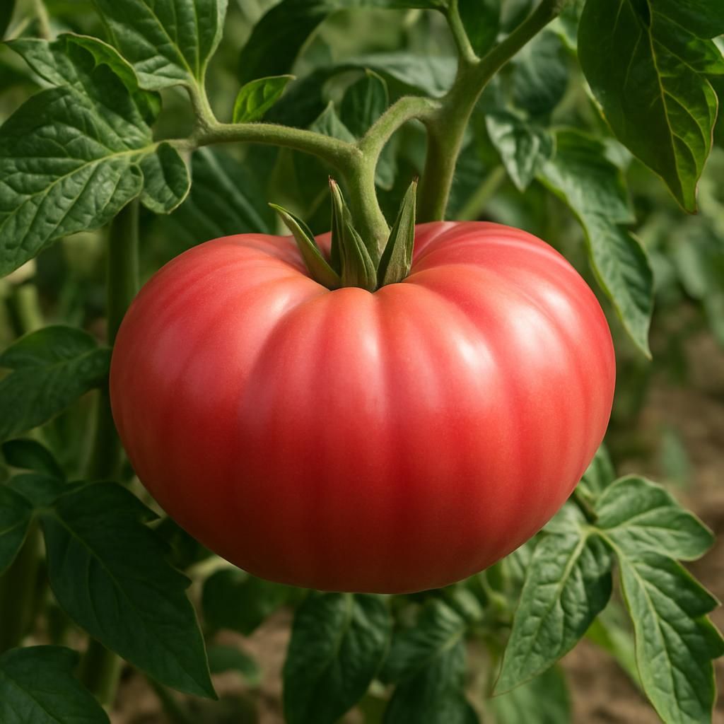 Ripe Brandywine Pink Tomato on vine with lush potato-leaf foliage in garden setting