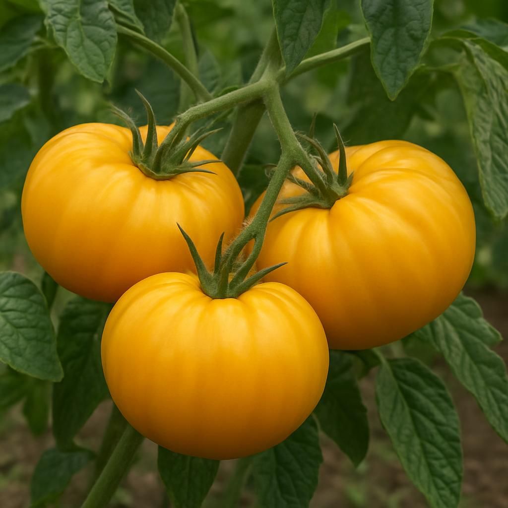 Ripe golden-yellow Brandywine Yellow Tomato fruits on vine with potato-leaf foliage in organic garden setting