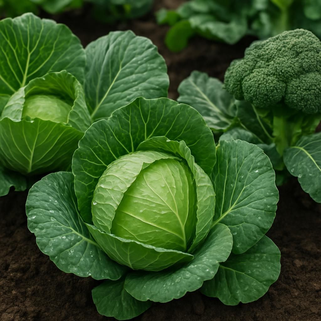 Close-up of healthy brassica crops showing cabbage heads and broccoli florets in fertile garden soil