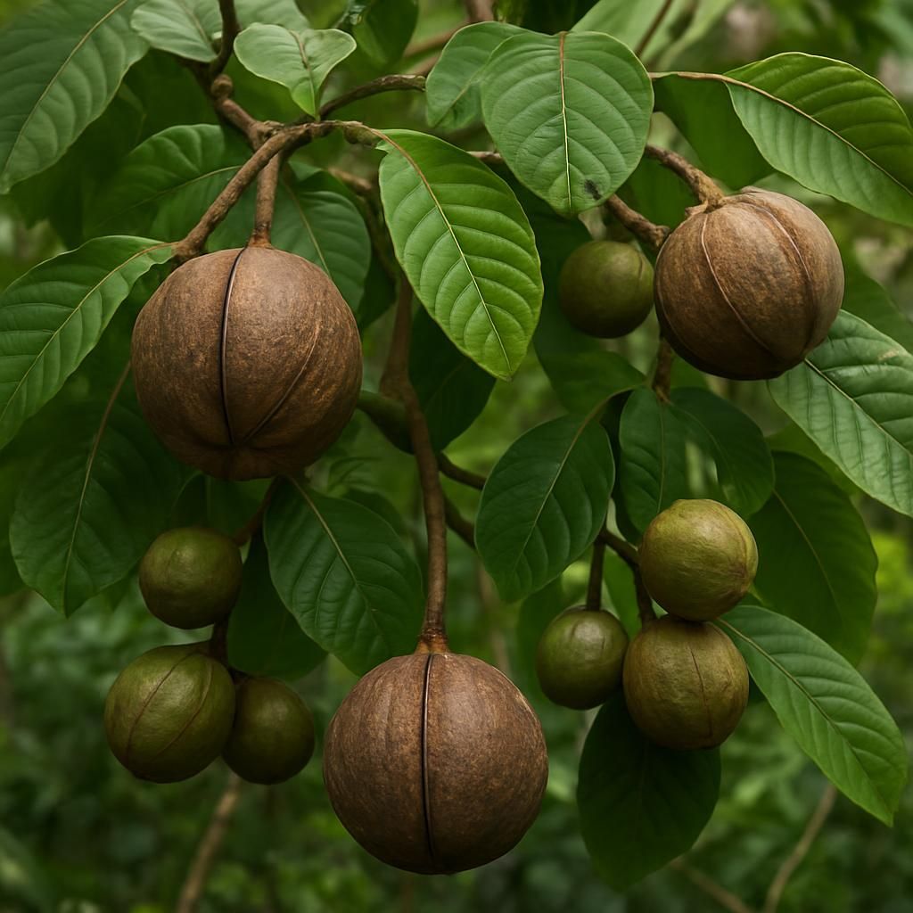 Close-up of Brazil nut tree with woody capsules and lush leaves in Amazon rainforest