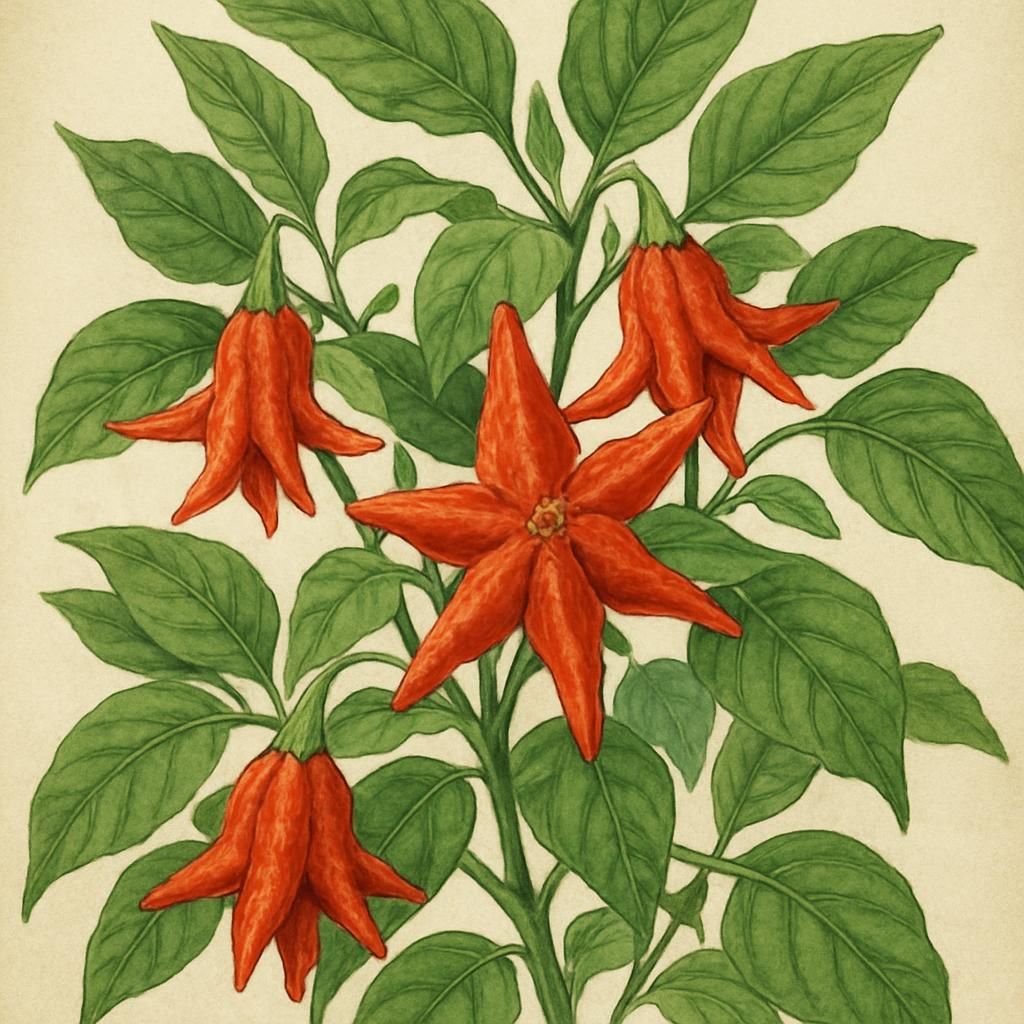 Close-up of vibrant red Brazilian Starfish Peppers growing on a plant.
