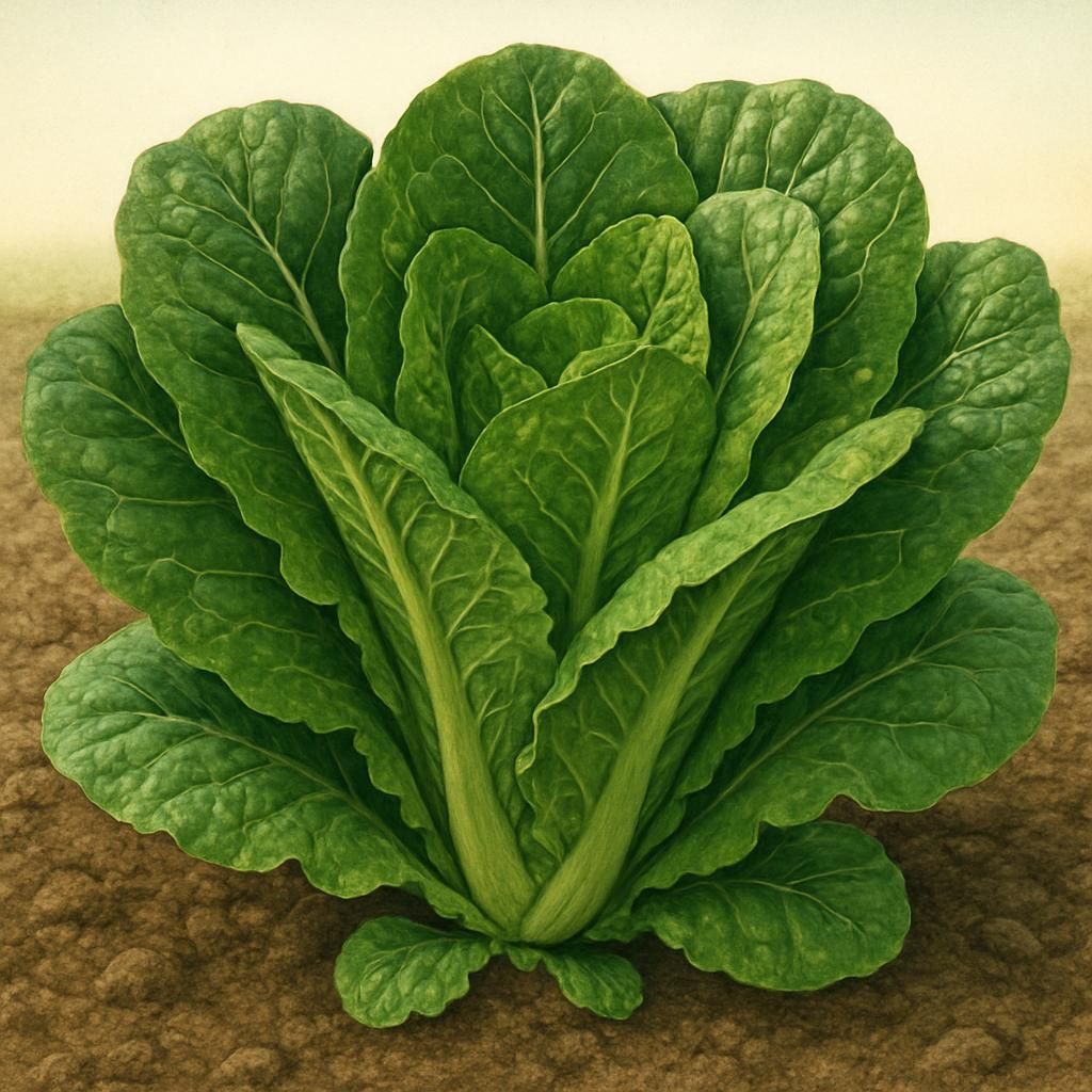 Close-up of Broadleaf Batavian romaine lettuce showing crisp broad leaves and dense head structure in garden setting
