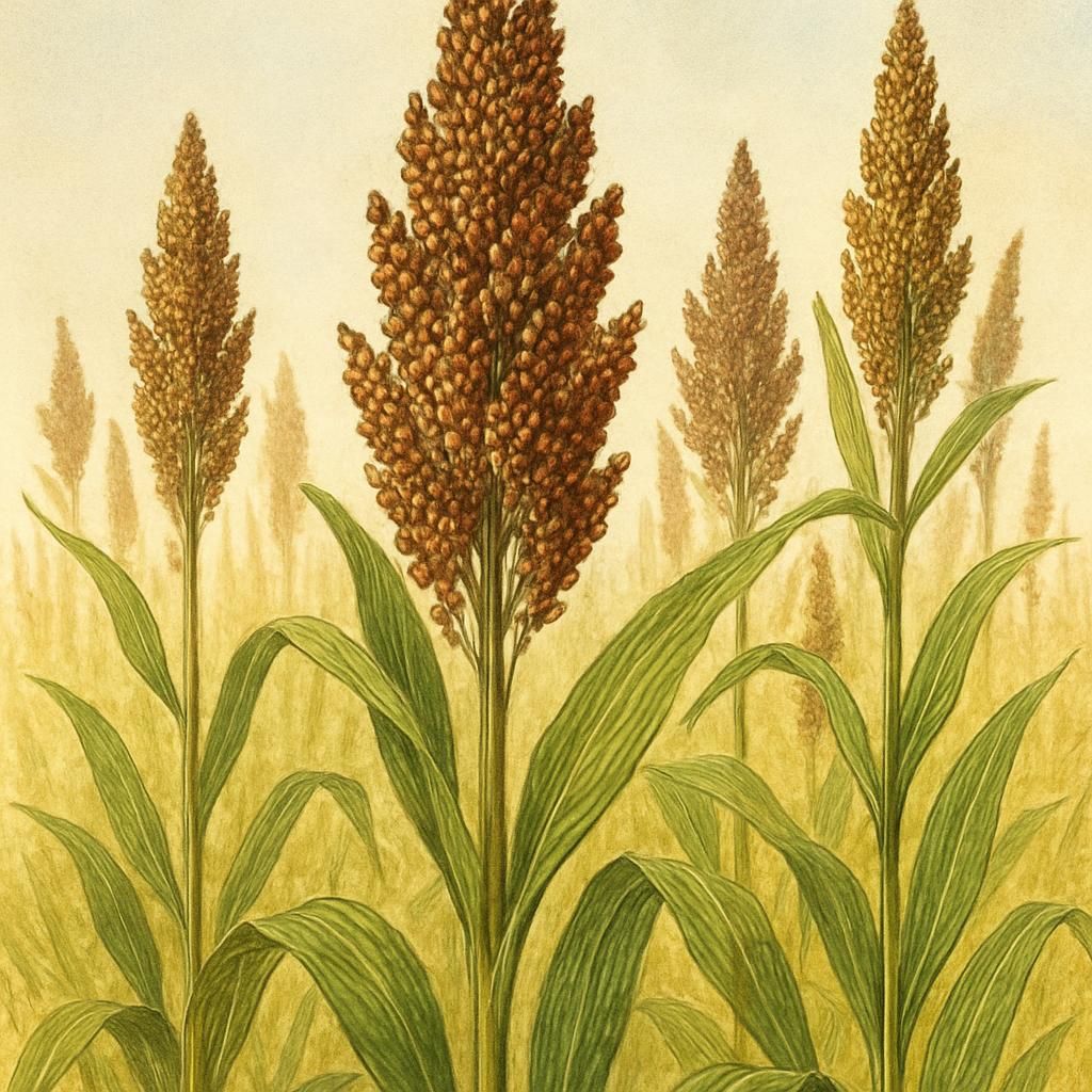 Broomcorn sorghum showing tall stalks and mature seed heads under bright sunlight.