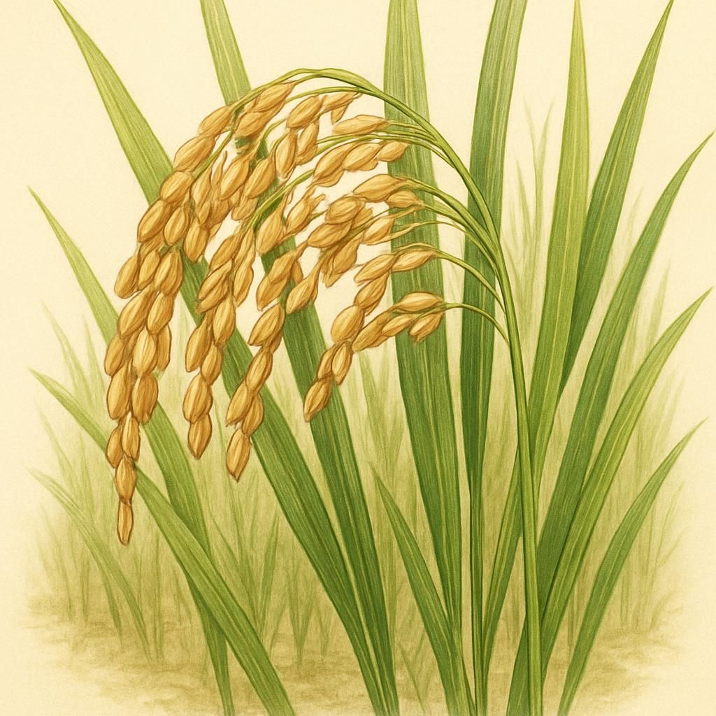 Close-up of Brown Rice (Haenuki) with its mature grains in a lush green rice paddy.