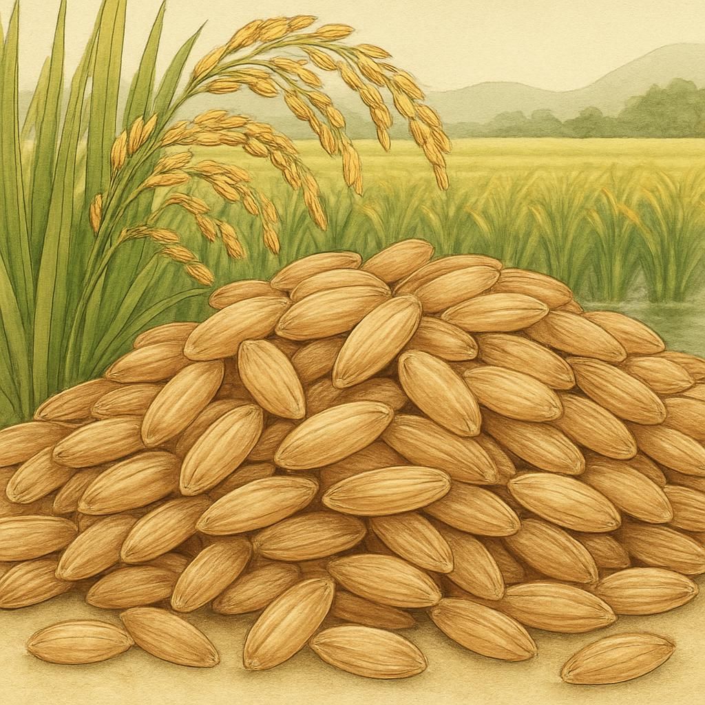 Close-up of Brown Rice (Koshihikari) grains with a textured appearance in a lush green paddy field.