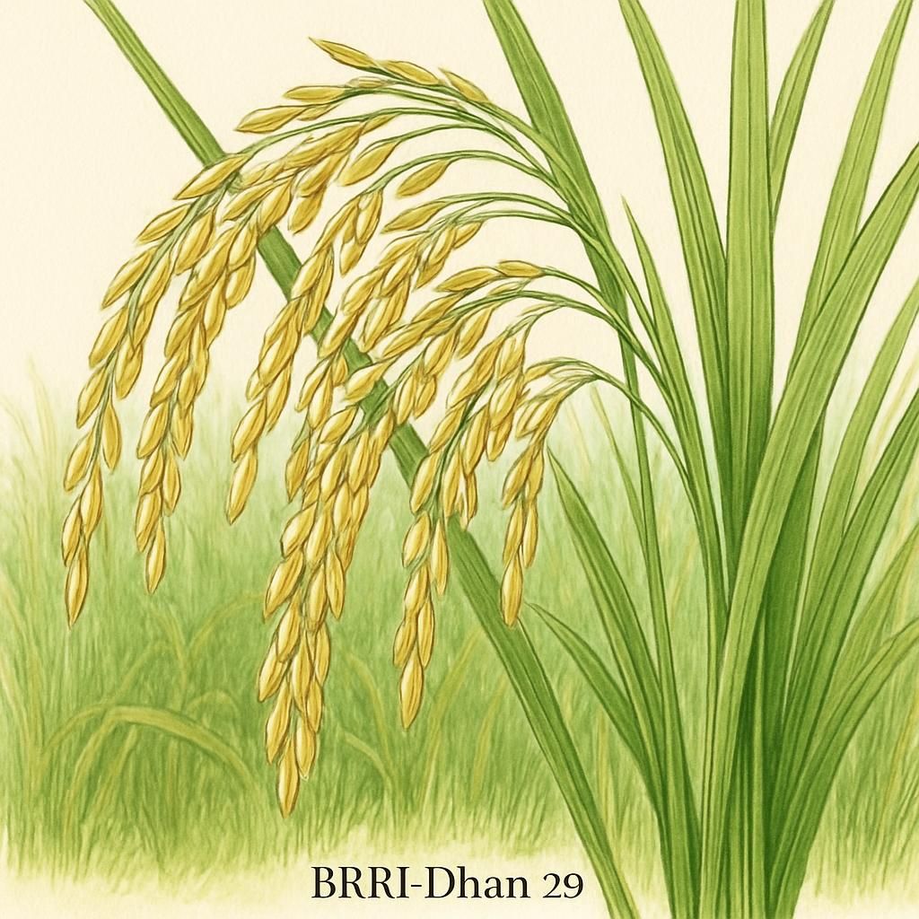 Close-up of BRRI Dhan 29 rice variety growing in a lush paddy field.