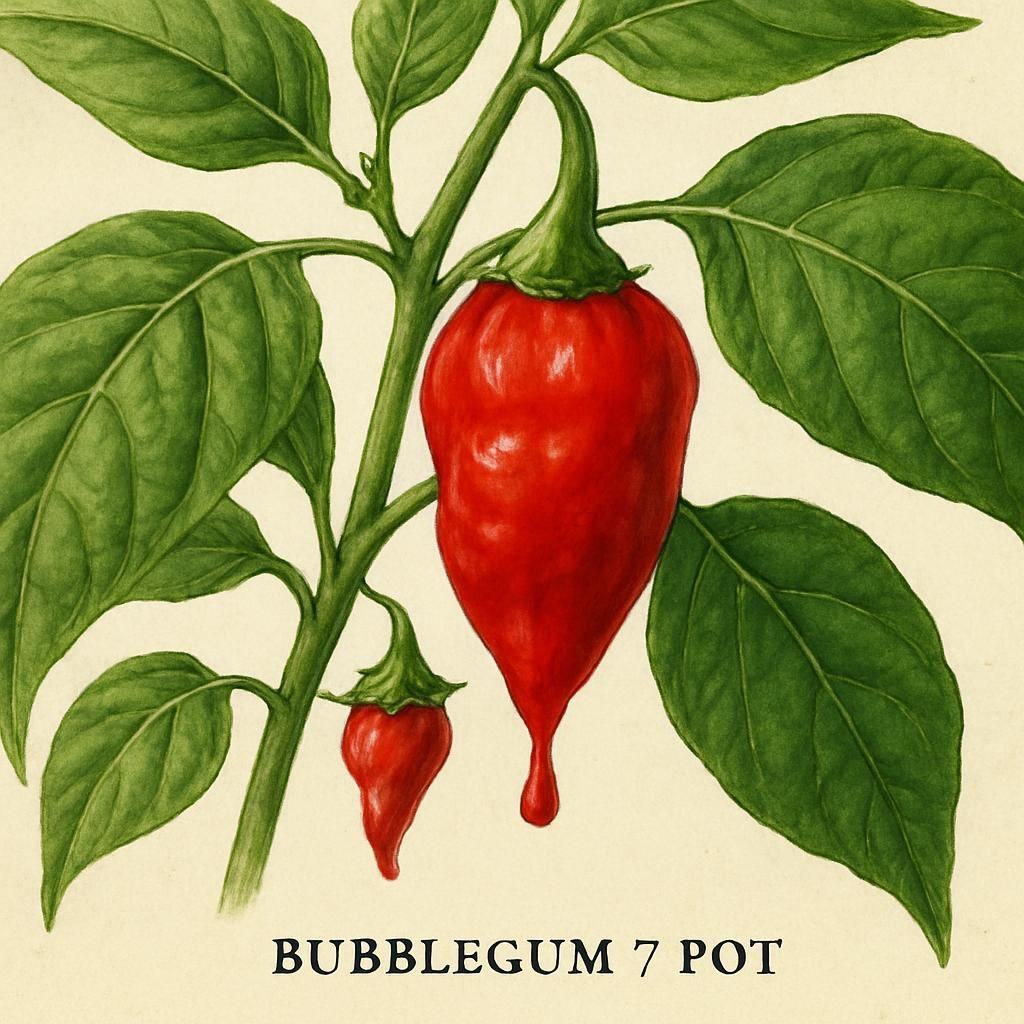 Close-up of a bright red Bubblegum 7 Pot pepper with distinctive bleeding calyx.