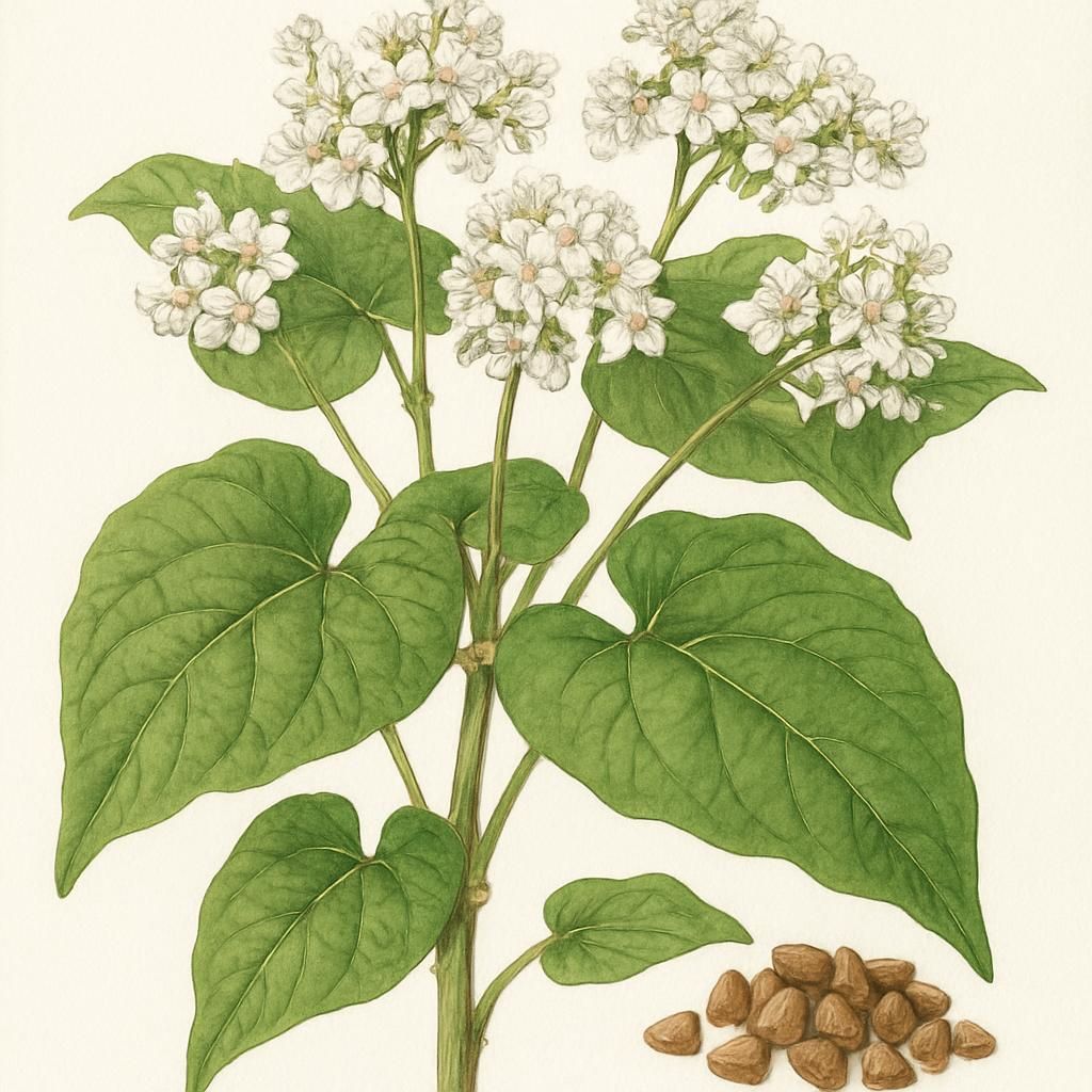 Close-up of buckwheat plants with white flowers, highlighting dense foliage.