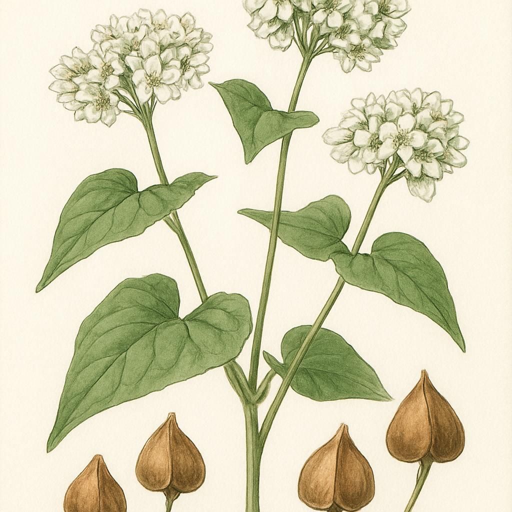 Close-up of Buckwheat (Silverhull) with triangular seeds and white flowers.