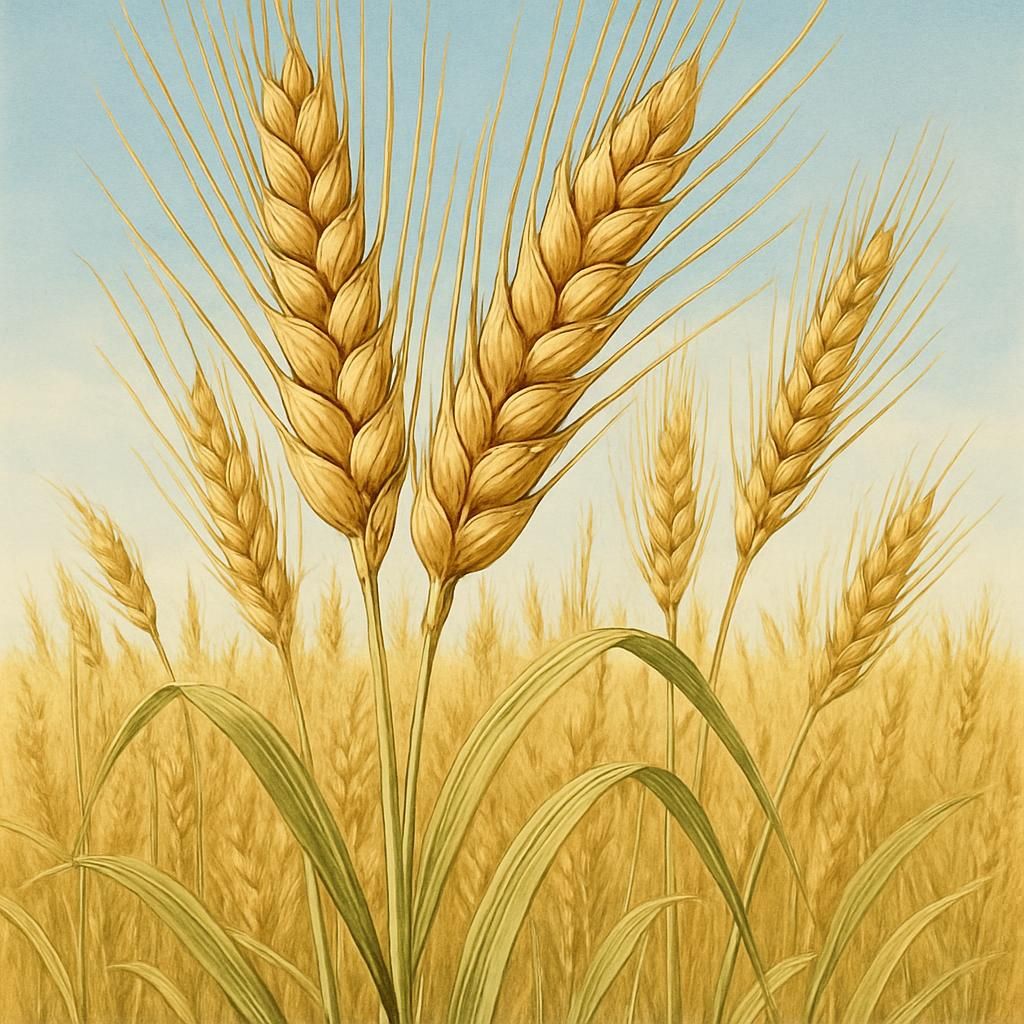 Close-up of coarse bulgur wheat growing in a field, with golden ears and clear sky.