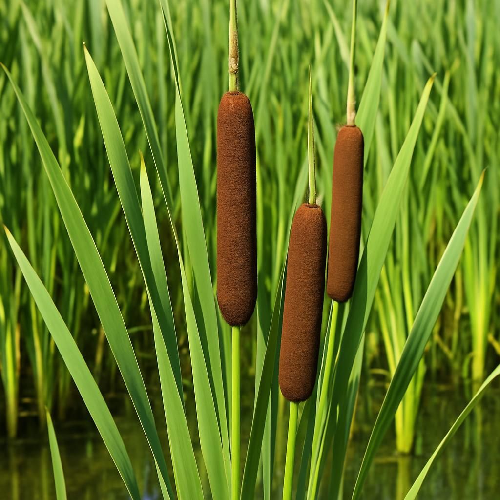 Close-up of bulrush plants in wetland showing tall green stems and brown seed heads for agricultural guide