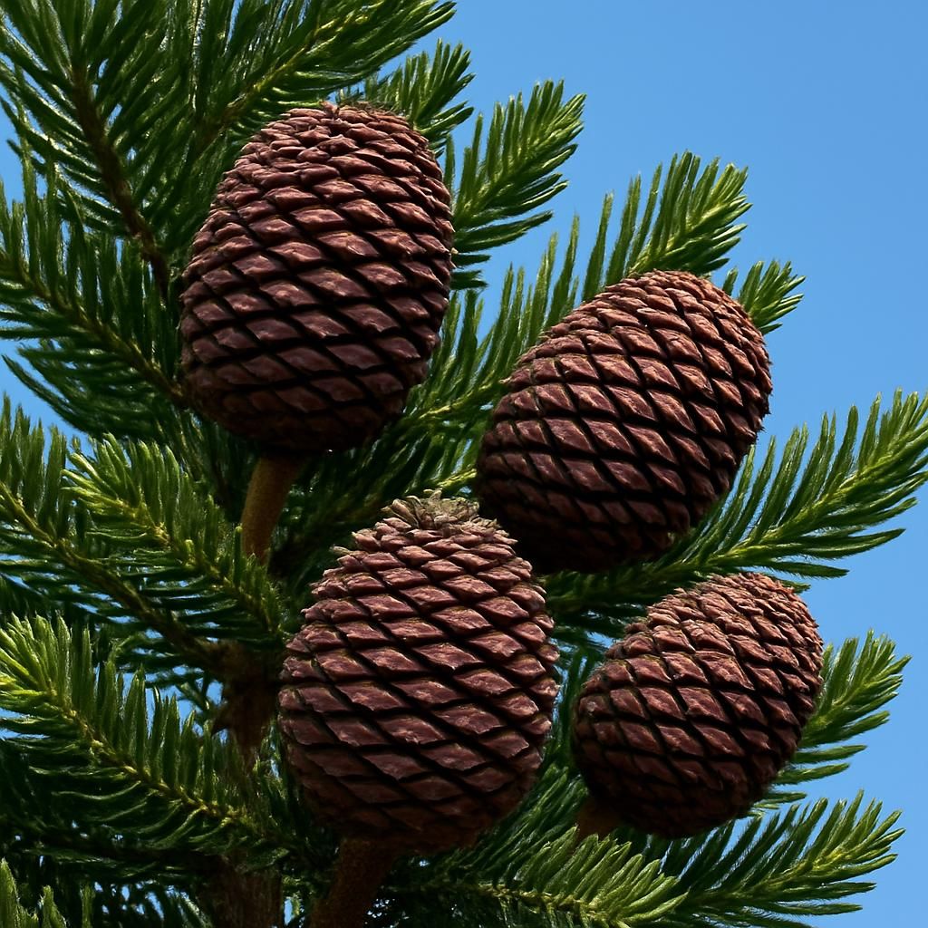 Close-up of Bunya Nut tree with large cones and glossy foliage for growing guide
