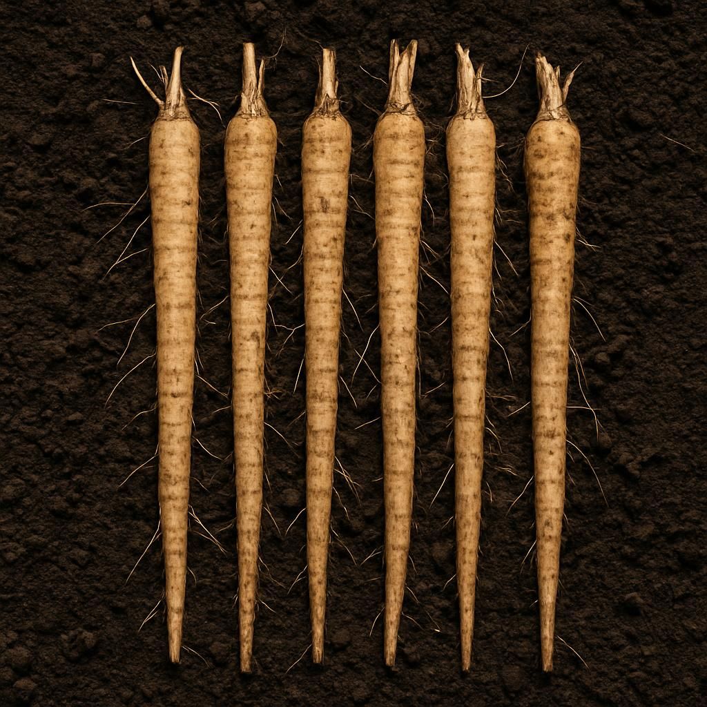 Freshly harvested straight Takinogawa burdock roots displayed on soil for professional agricultural guide