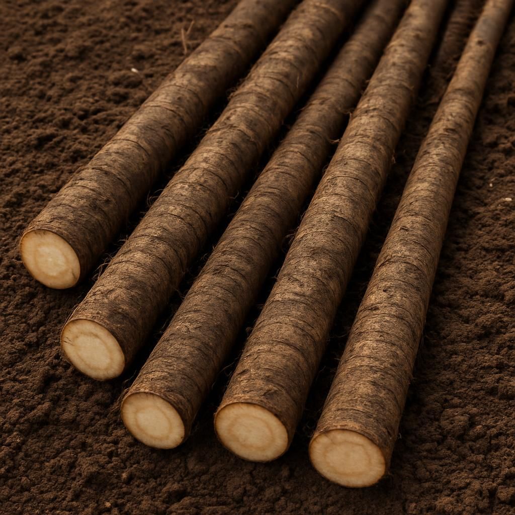 Long, straight Watanabe Early burdock roots freshly harvested for culinary use