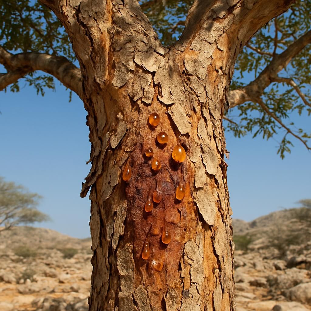 Close-up of Boswellia sacra tree showing resin-producing bark and arid habitat suitable for Burseraceae cultivation