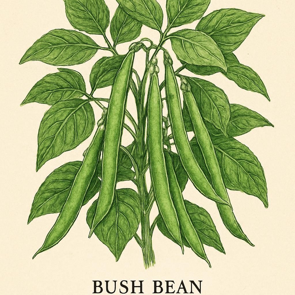 Close-up of a Bush Bean (Provider) plant with green pods and leaves in a garden setting.