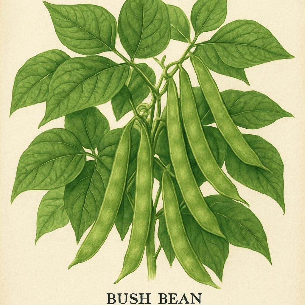 Close-up photo of Bush Bean (Roma II) plant showing green leaves and flat bean pods.