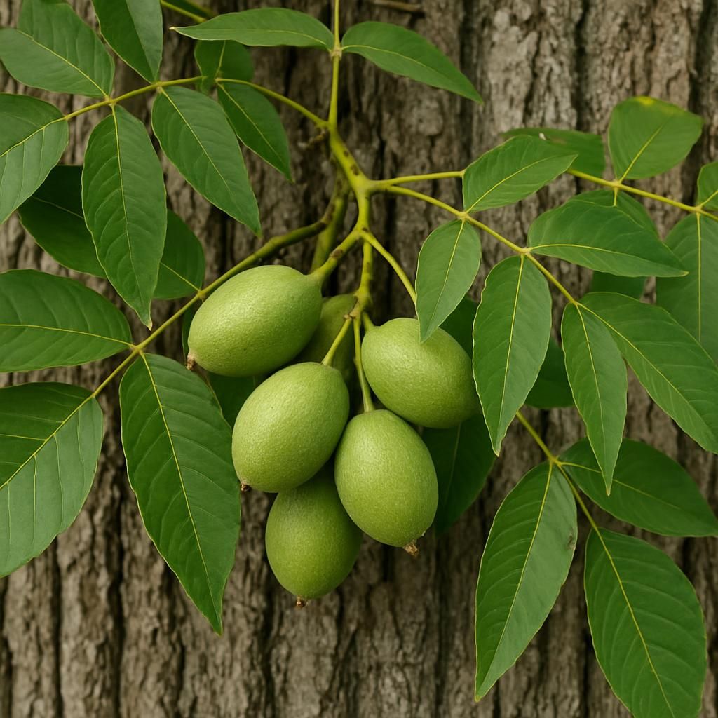 Close-up of Juglans cinerea butternut tree with leaves and ripening nuts for growing guide