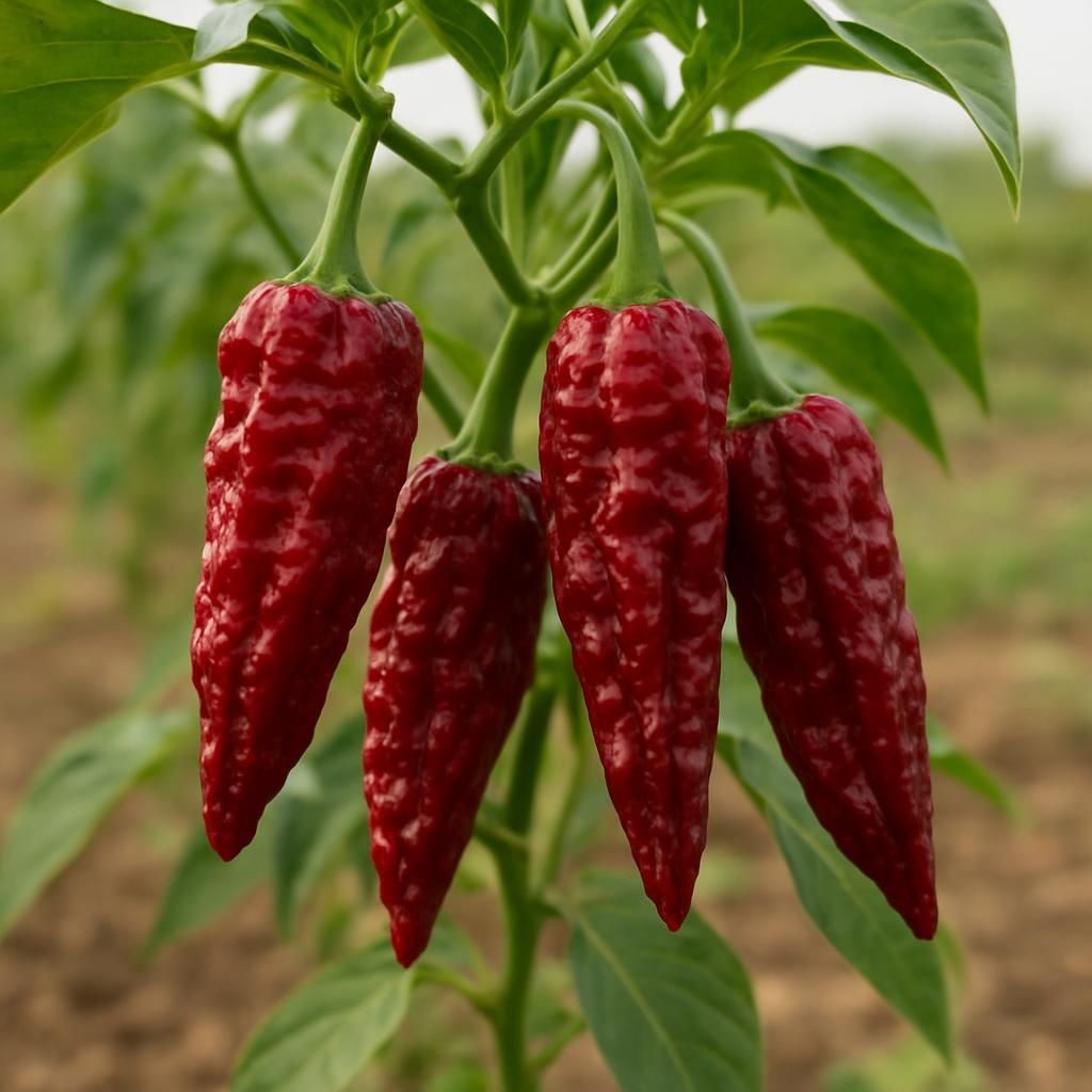Close-up of deep red Byadgi chili pods on the plant ready for harvest