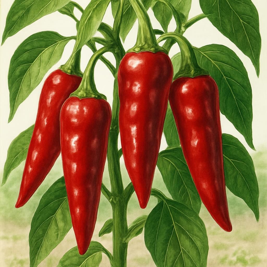Close-up of ripe red Cabe Besar chili peppers on the plant ready for harvest