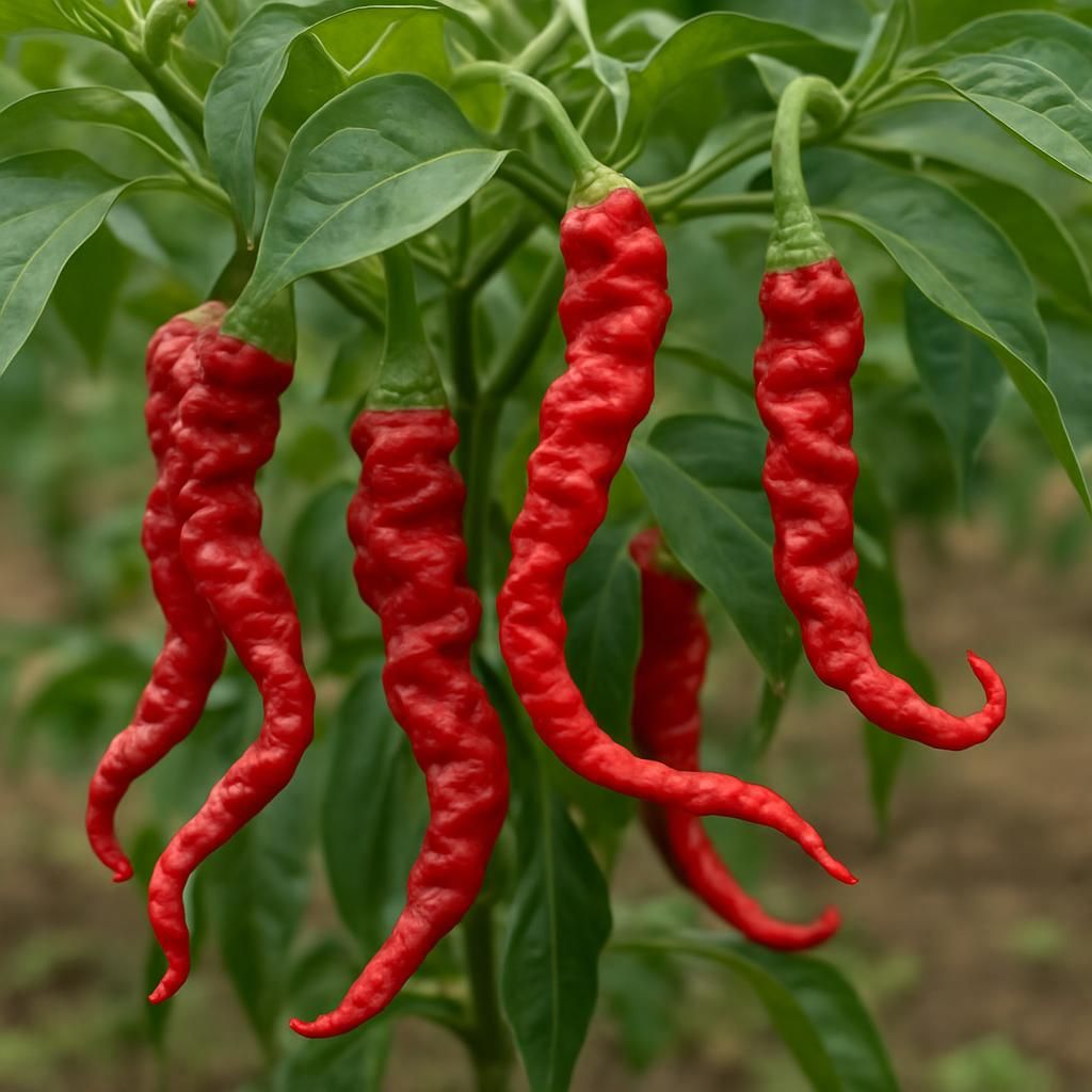Close-up of curly red Cabe Keriting chili peppers on healthy plant for growing guide header image