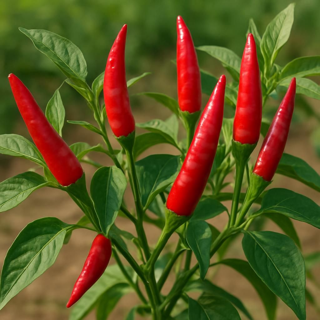 Close-up of vibrant red Cabe Rawit bird’s eye chilies growing on lush green plant ready for harvest