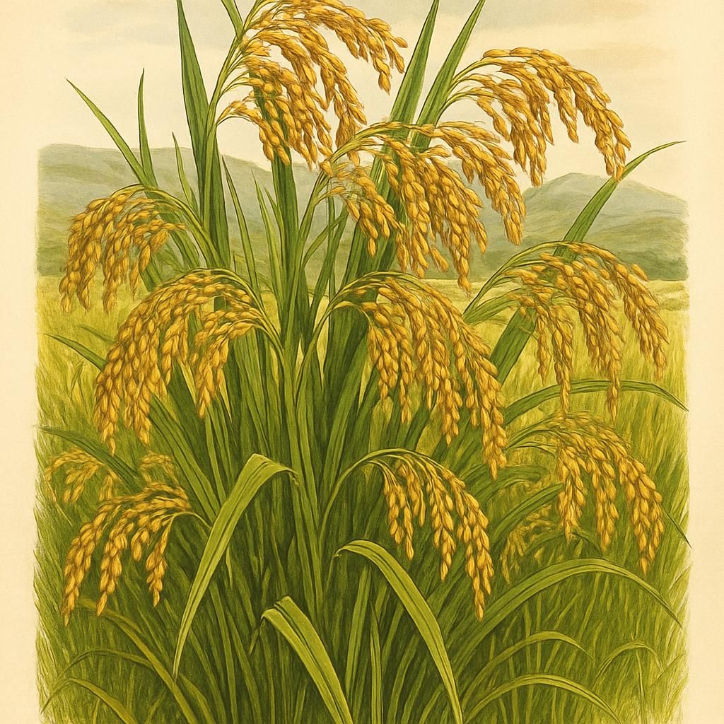 Calasparra Rice field in Spain with ripe golden grains, ready for harvest.