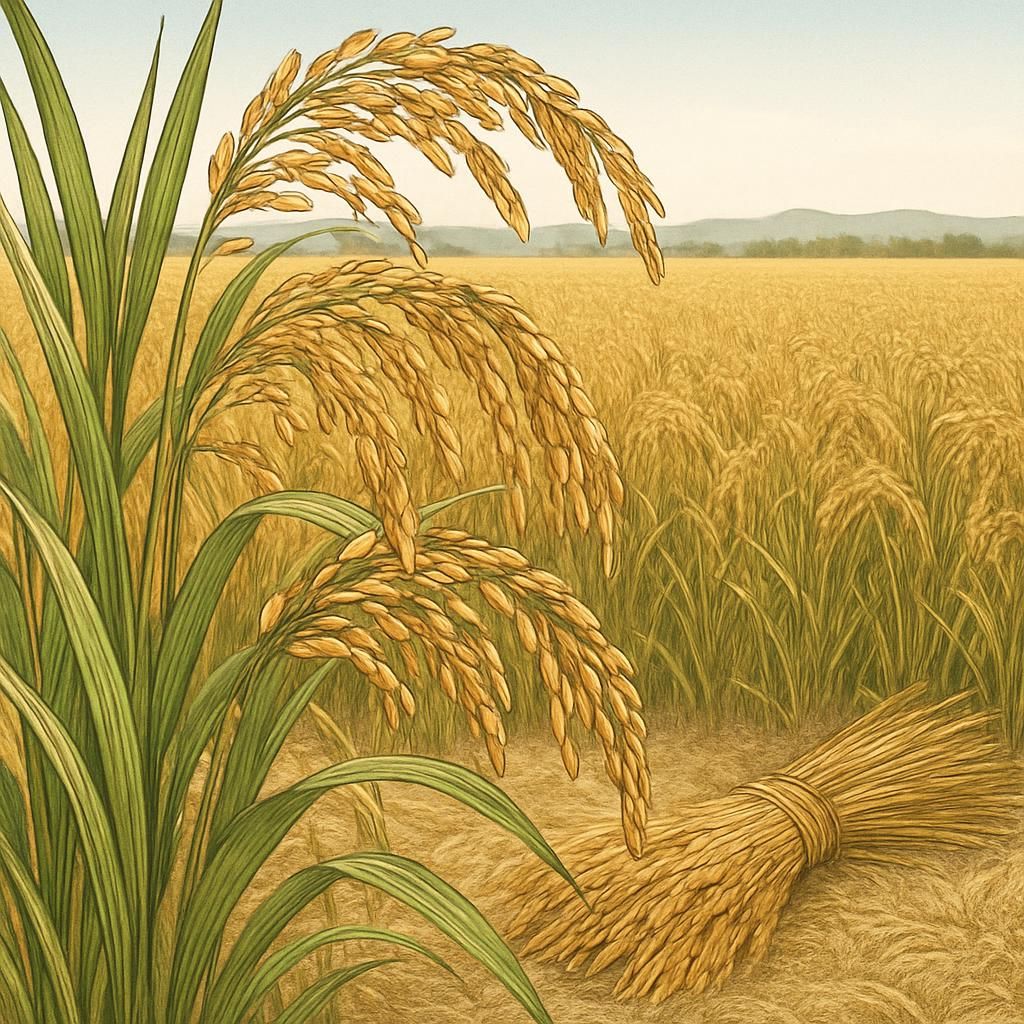Close-up of ripe Calasparra rice grains in a sunlit paddy field, showcasing its texture and color.