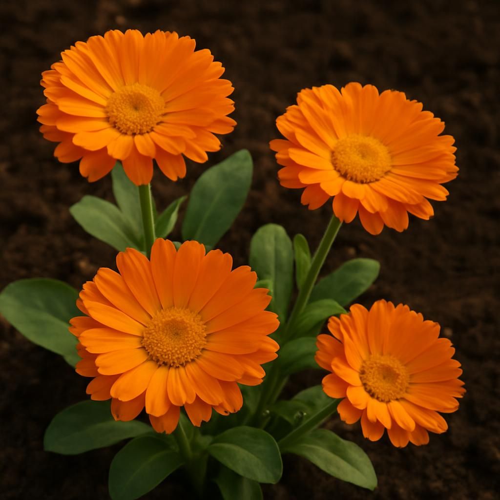 Vibrant orange calendula flowers growing in fertile garden soil under natural morning sunlight